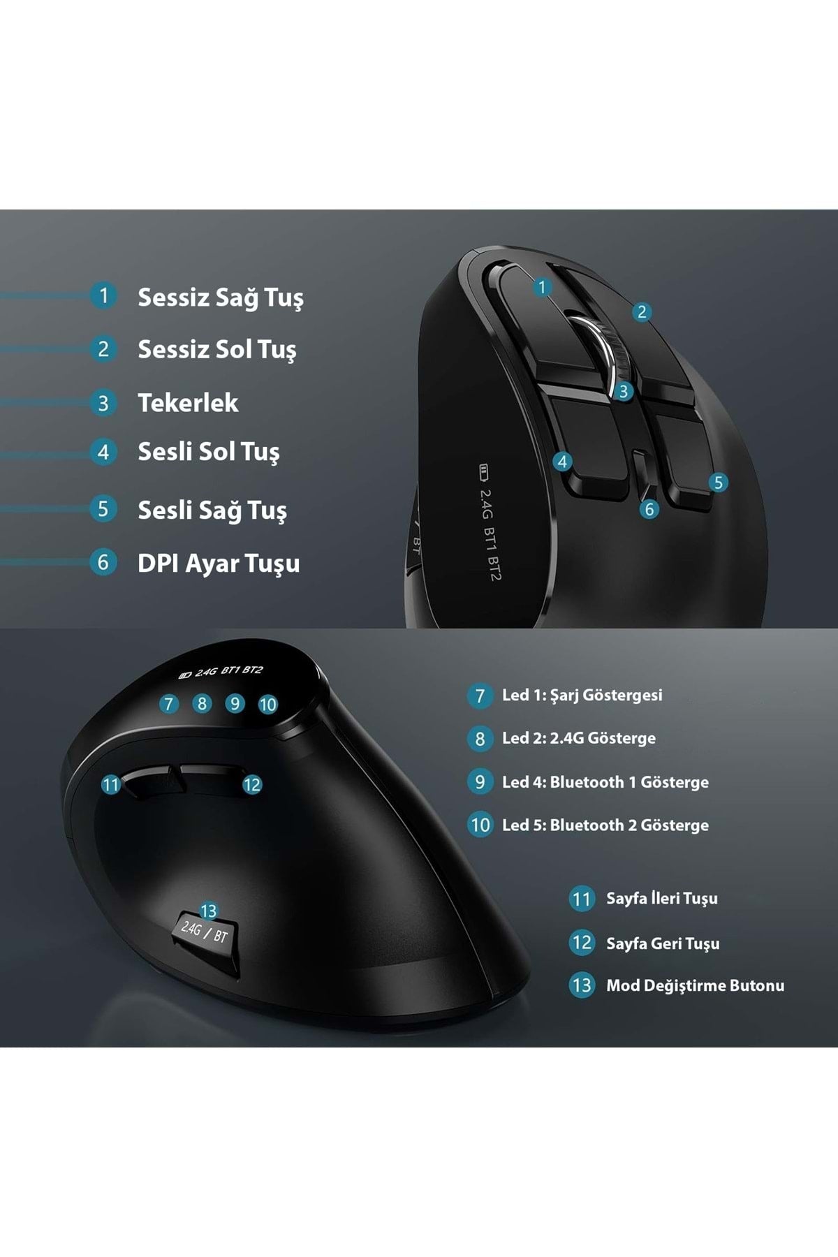 TriLine Bluetooth+2.4G Kablosuz Dikey Ergonomik Şarj Edilebilir Sessiz Mouse - Görsel 6