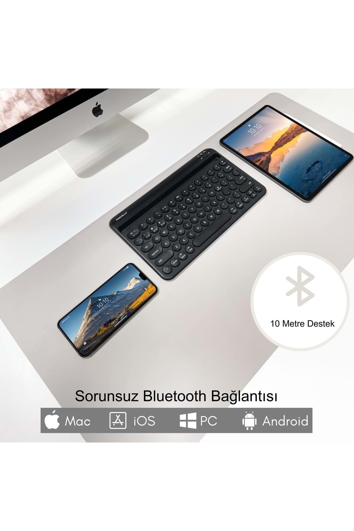 TriLine 78 Yuvarlak Tuşlu İngilizce Bluetooth Tablet Telefon Klavyesi Şarjlı Mini Boy 29x16cm - Görsel 6