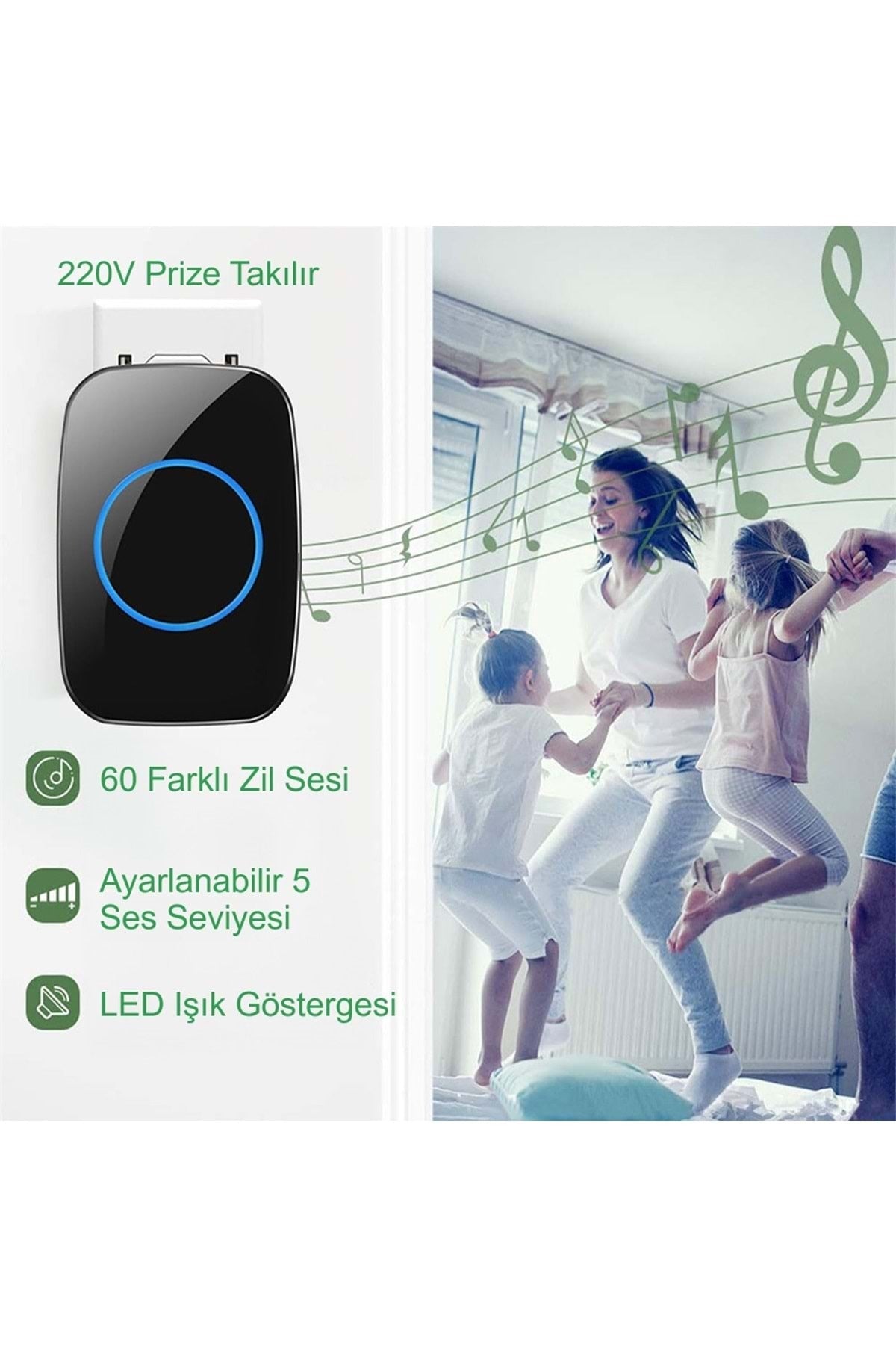TriLine Ledli Modern 1 Buton 2 Alıcı Kablosuz Kapı Zili 300metre Menzil 60 Çeşit Zil 5 Seviye Ses - Görsel 4