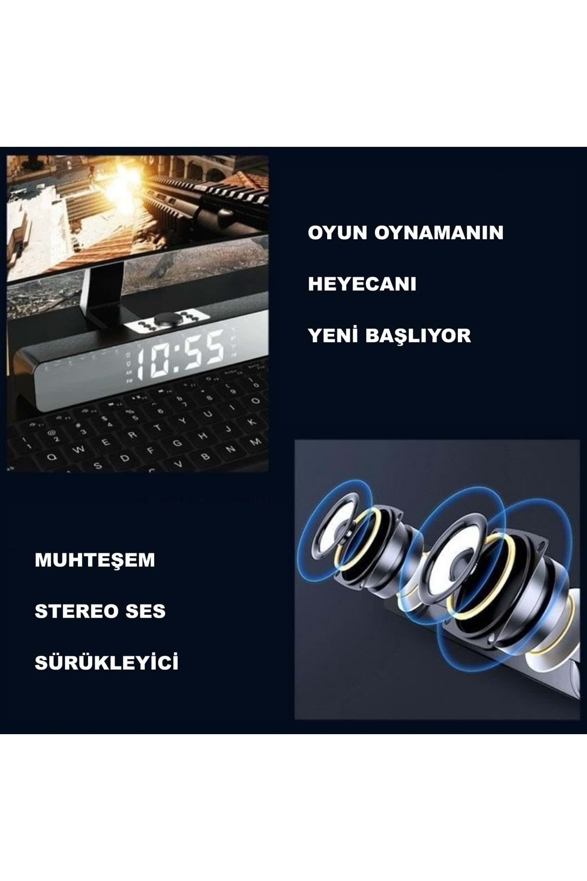 TriLine Bluetooth Hoparlör Şarjlı Ses Sistemi LED Ekran FM Çalar Saat Sıcaklık PC USB Aux Tf Kart - Görsel 6
