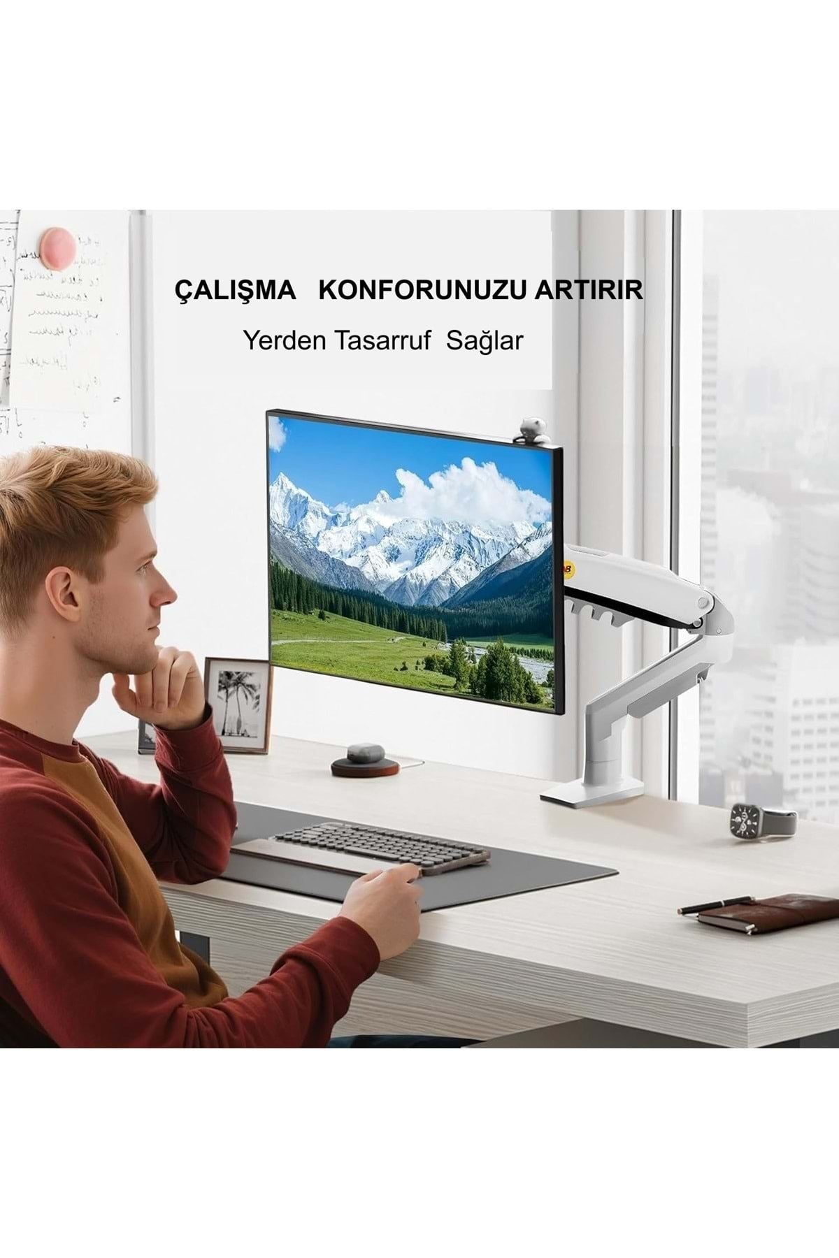 TriLine NB F80-XE Beyaz 17-30" Amortisörlü 2-9Kg Ergonomik Monitör Tutucu Vesa Monitör Standı - Görsel 7