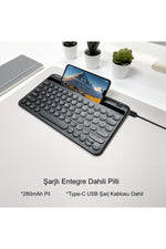 TriLine 78 Yuvarlak Tuşlu İngilizce Bluetooth Tablet Telefon Klavyesi Şarjlı Mini Boy 29x16cm - Görsel 3