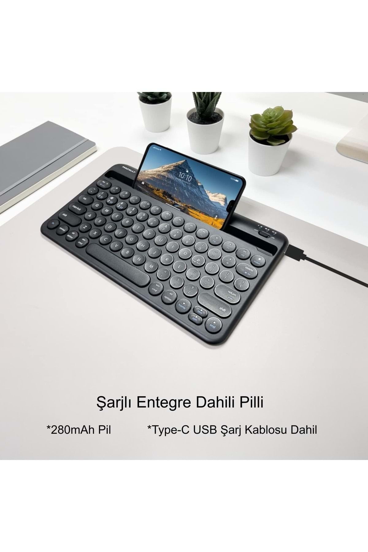 TriLine 78 Yuvarlak Tuşlu İngilizce Bluetooth Tablet Telefon Klavyesi Şarjlı Mini Boy 29x16cm - Görsel 3