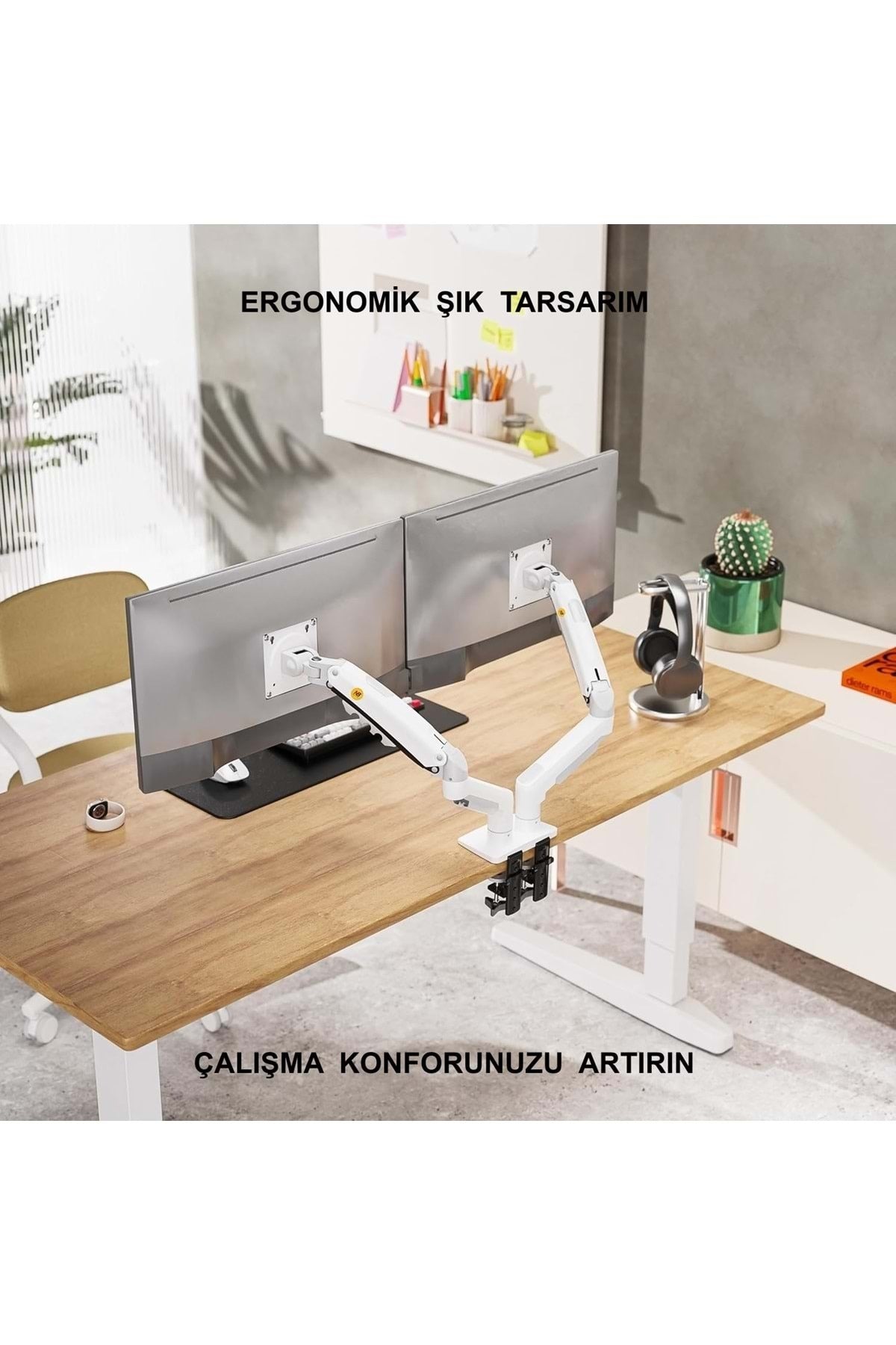 TriLine NB F160 Beyaz 17-27" Çift Kol Monitör Tutucu 2-9 kg Amostisörlü Vesa Monitör Standı - Görsel 2