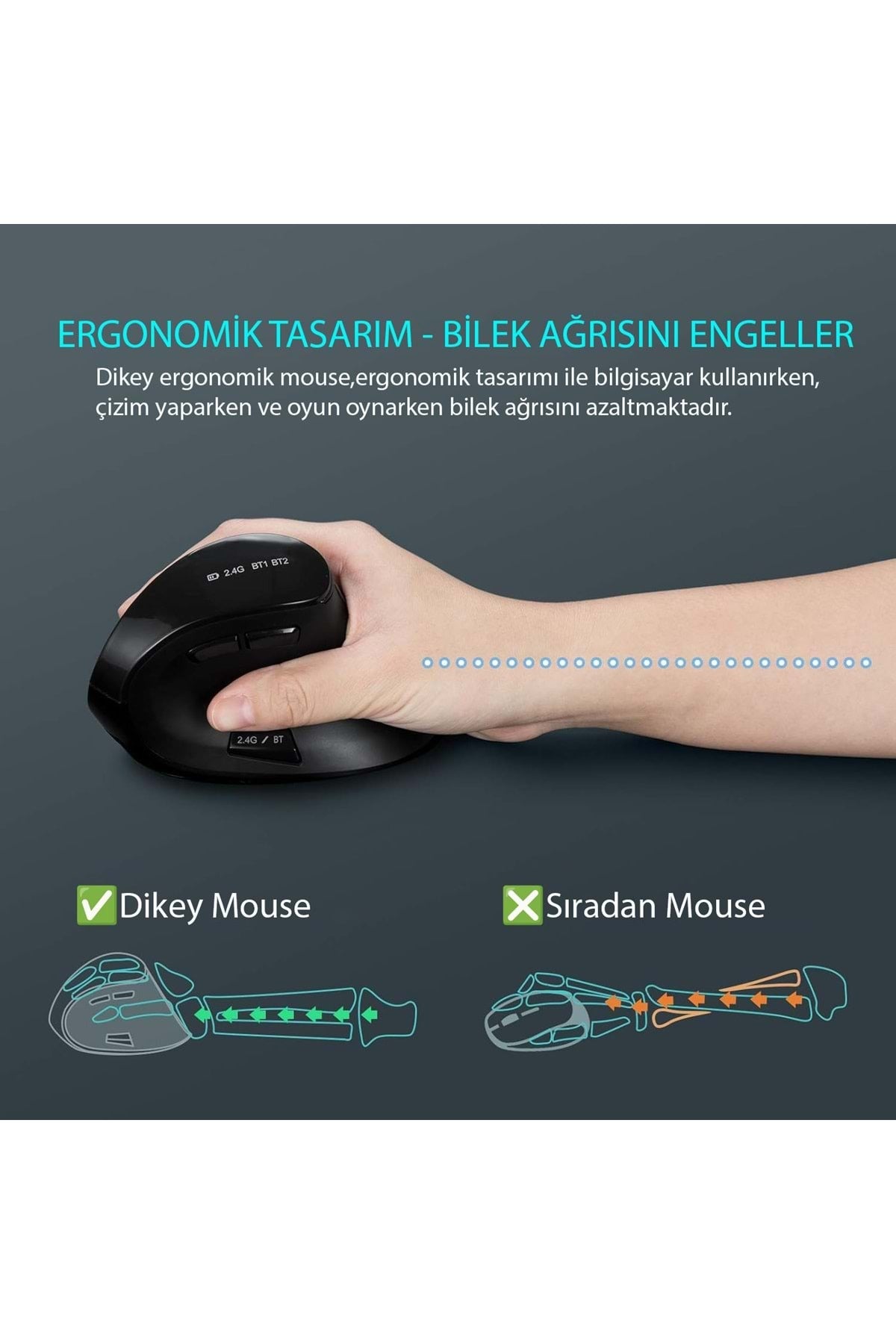 TriLine Bluetooth+2.4G Kablosuz Dikey Ergonomik Şarj Edilebilir Sessiz Mouse - Görsel 4