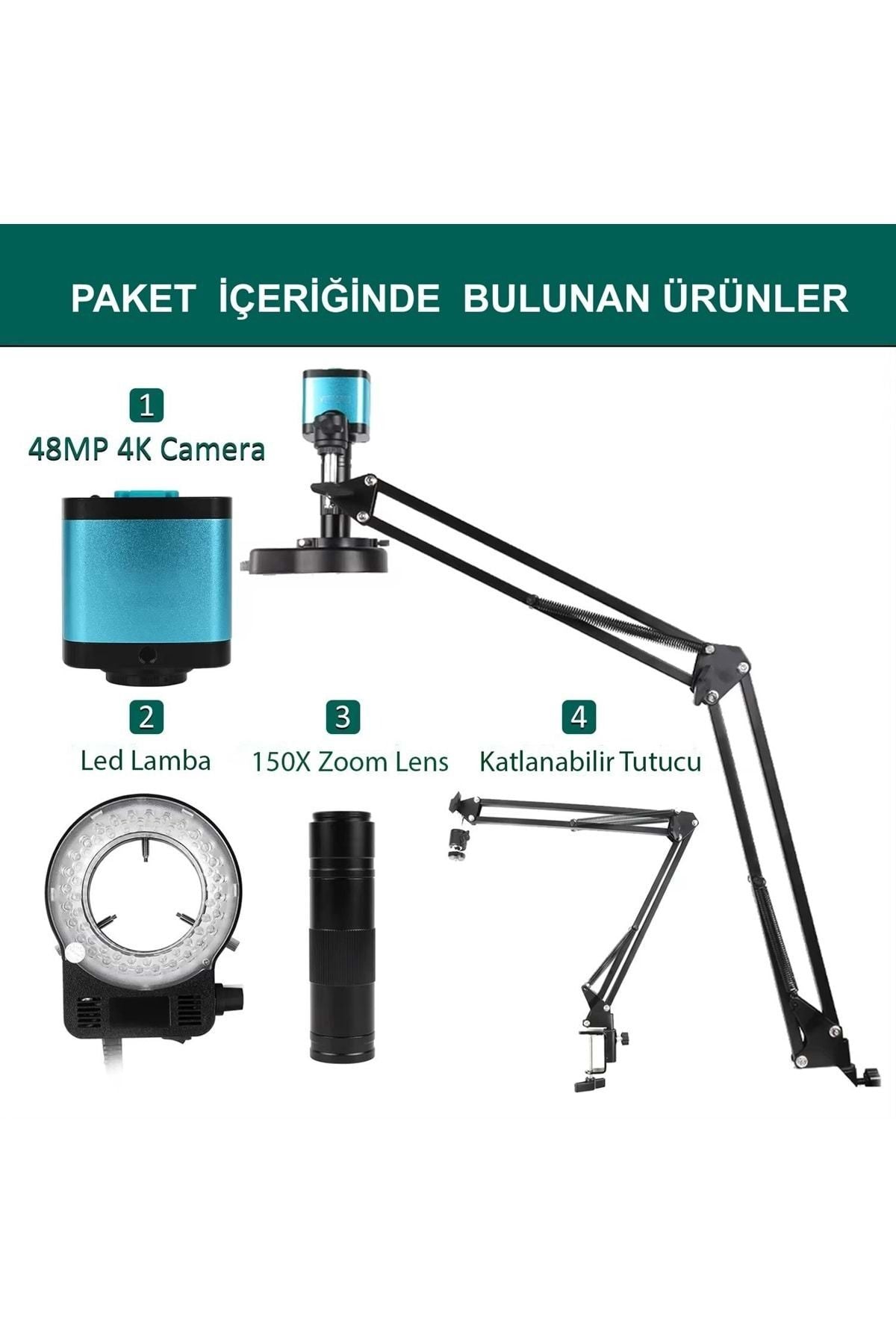 TriLine 48MP 4K 60F/S Endüstriyel Mikroskop Katlanabilir Tutucu 150X Zoom Lensli 56 Led Halka Işık - Görsel 3