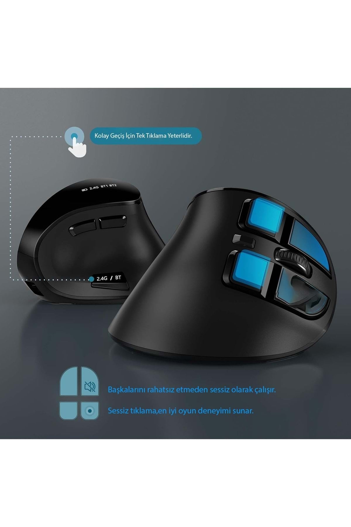 TriLine Bluetooth+2.4G Kablosuz Dikey Ergonomik Şarj Edilebilir Sessiz Mouse - Görsel 5