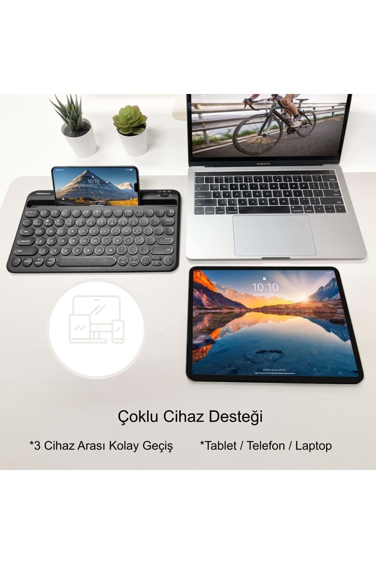 TriLine 78 Yuvarlak Tuşlu İngilizce Bluetooth Tablet Telefon Klavyesi Şarjlı Mini Boy 29x16cm - Görsel 5