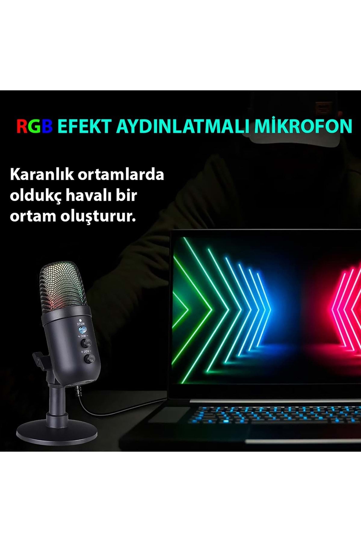 TriLine Profesyonel Kardioid RGB Oyuncu Stüdyo Kayıt Kablolu Podcast Mikrofonu - Görsel 4