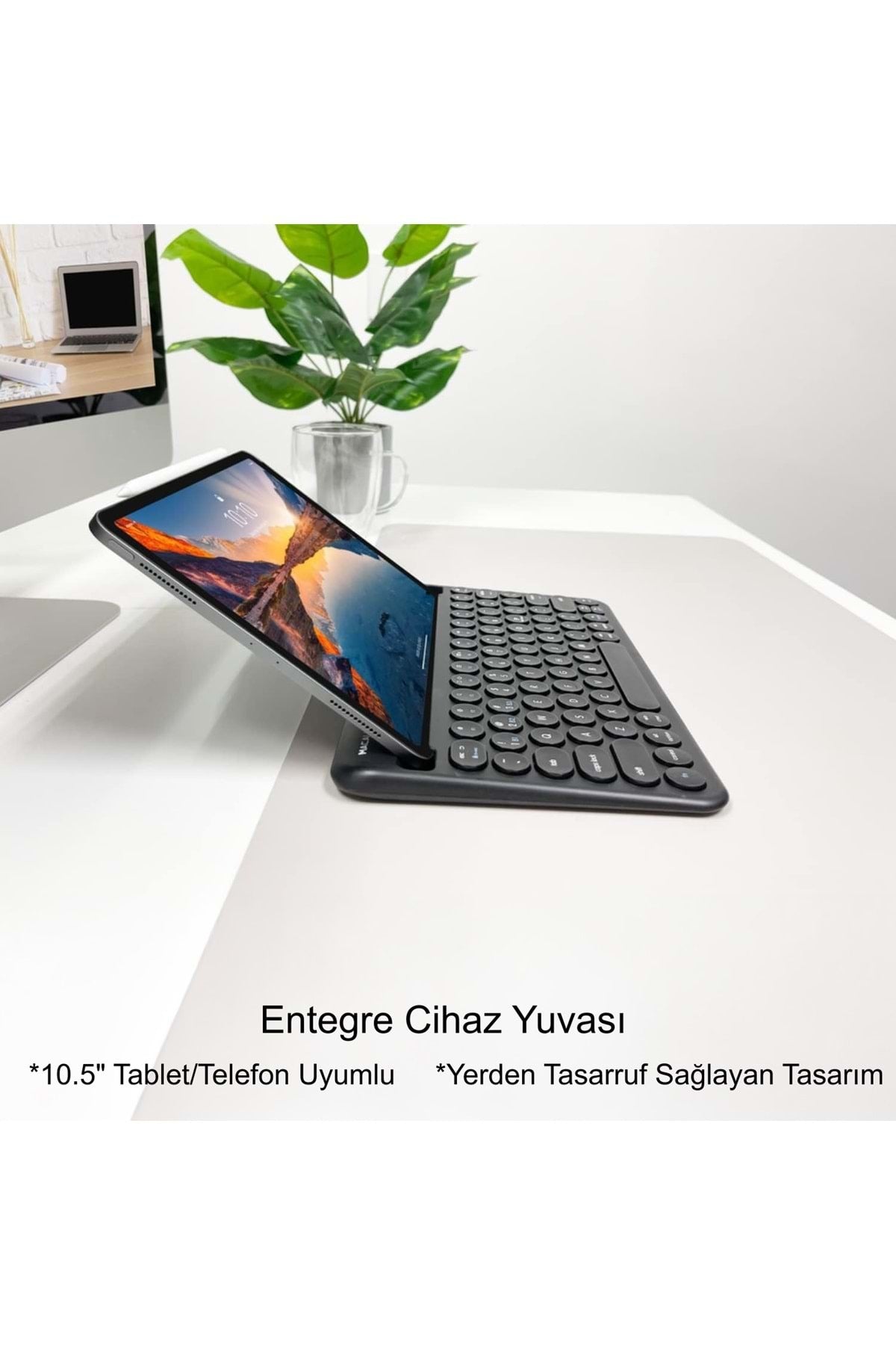 TriLine 78 Yuvarlak Tuşlu İngilizce Bluetooth Tablet Telefon Klavyesi Şarjlı Mini Boy 29x16cm - Görsel 2