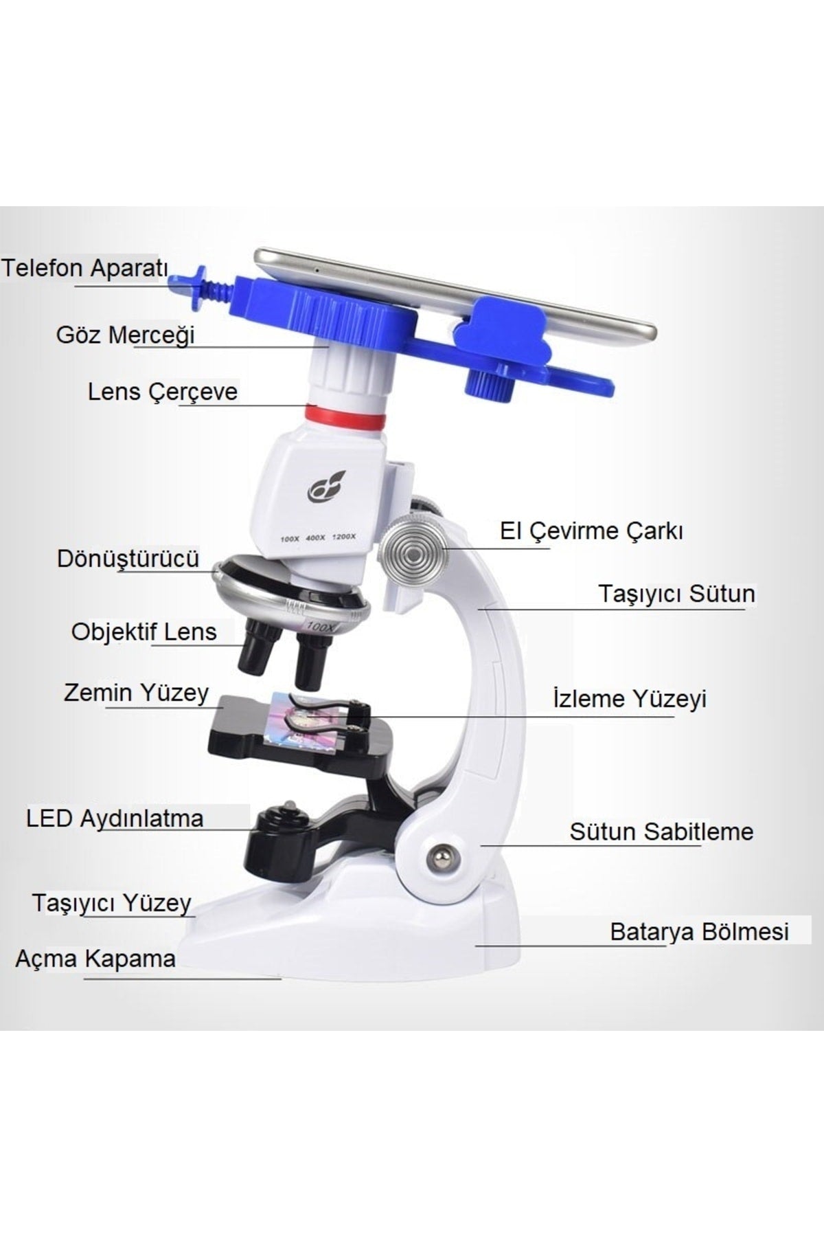 TriLine 1200x Mobil Uyumlu Eğitici Mikroskop Seti Led Işıklı 12 Adet Biyolojik Örnek Hediye - Görsel 5
