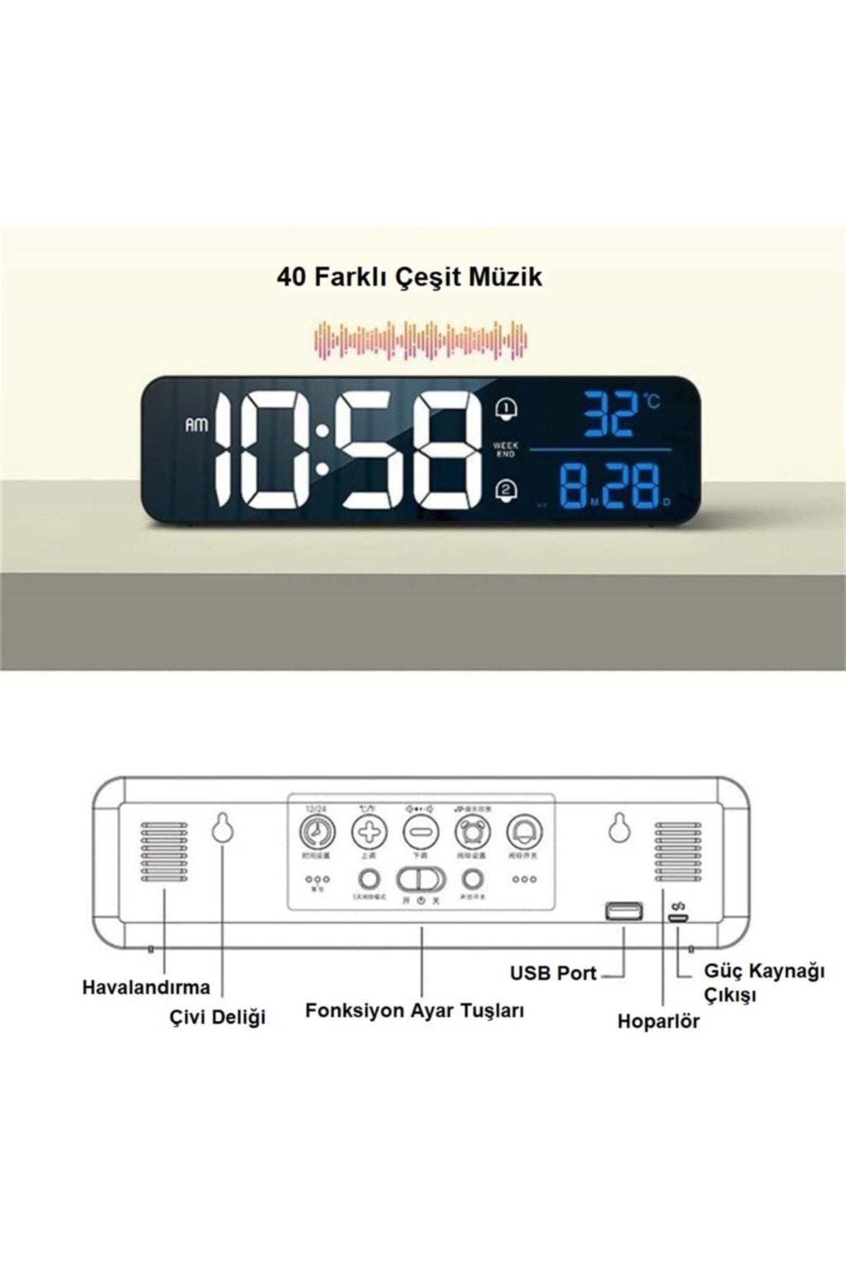 TriLine HD LED Ekranlı Aynalı Elektronik Saat Sıcaklık Tarih Dijital Masa Saati - Görsel 5