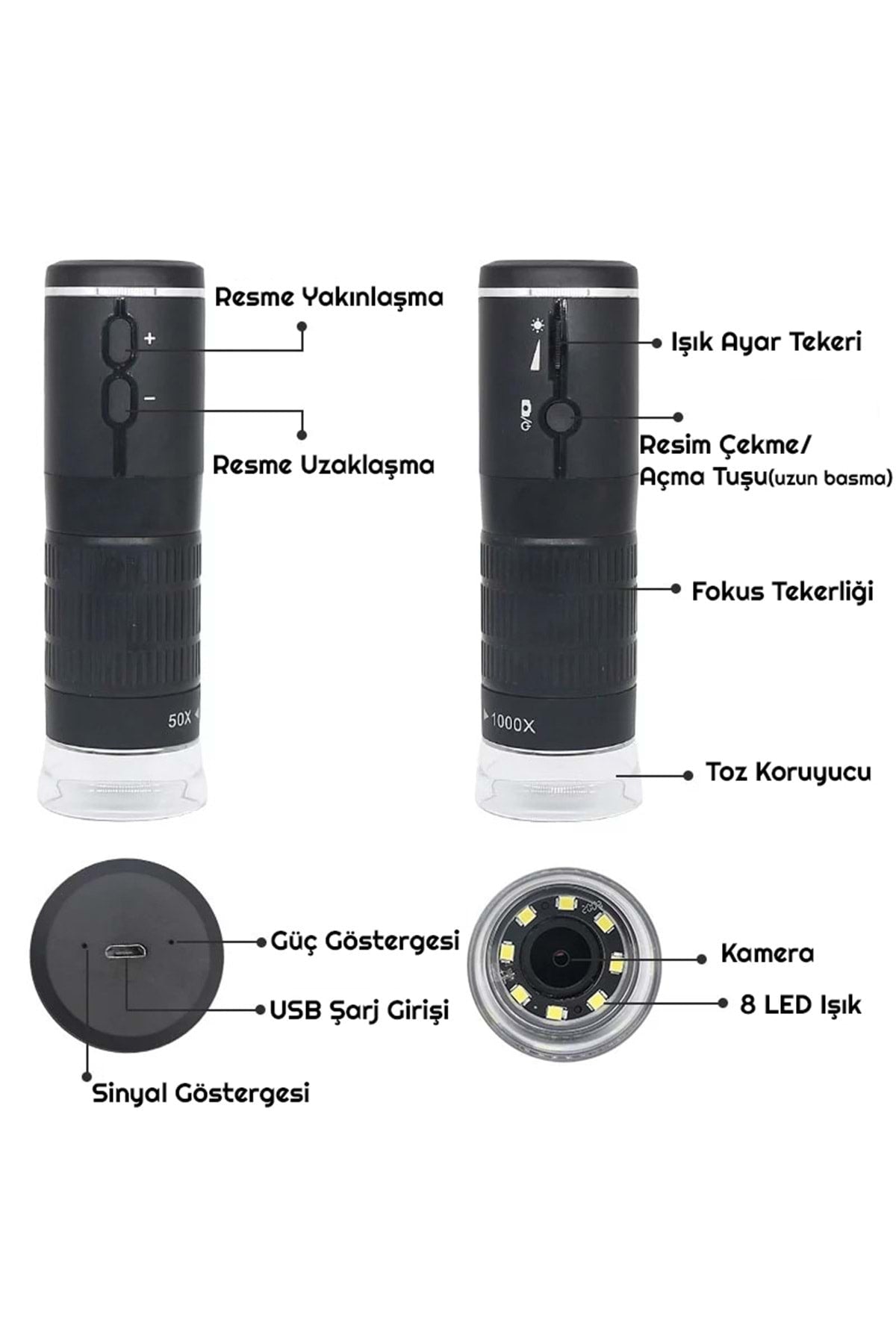 TriLine 1000x Wifi Dijital Led Kablosuz Pilli Mikroskop 1080p - Görsel 6