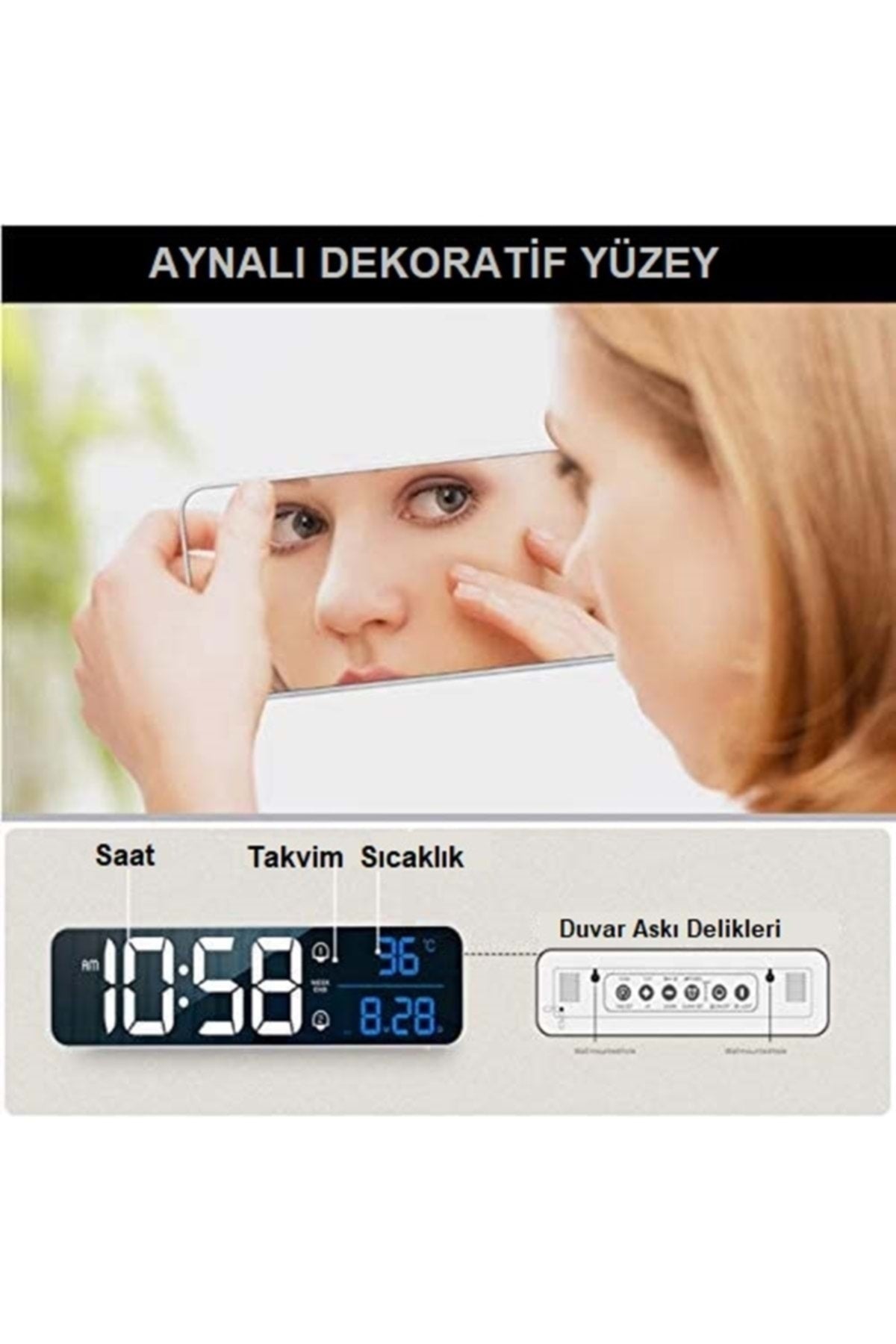 TriLine HD LED Ekranlı Aynalı Elektronik Saat Sıcaklık Tarih Dijital Masa Saati - Görsel 7