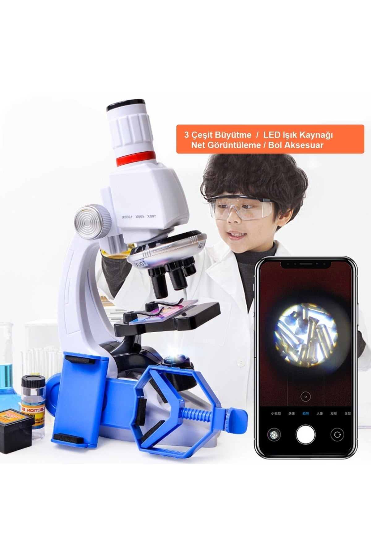 TriLine 1200x Mobil Uyumlu Eğitici Mikroskop Seti Led Işıklı 12 Adet Biyolojik Örnek Hediye - Görsel 7