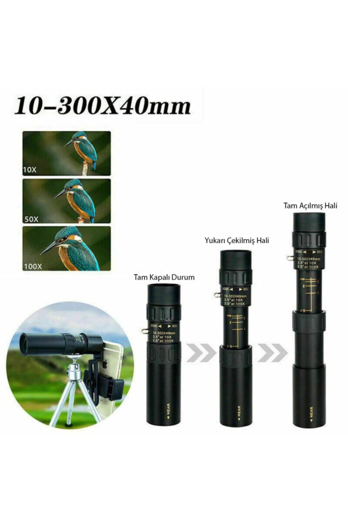 TriLine 10-300x40mm Zoom Monoküler Teleskop Taşınabilir Su Geçirmez Dürbün - Görsel 7