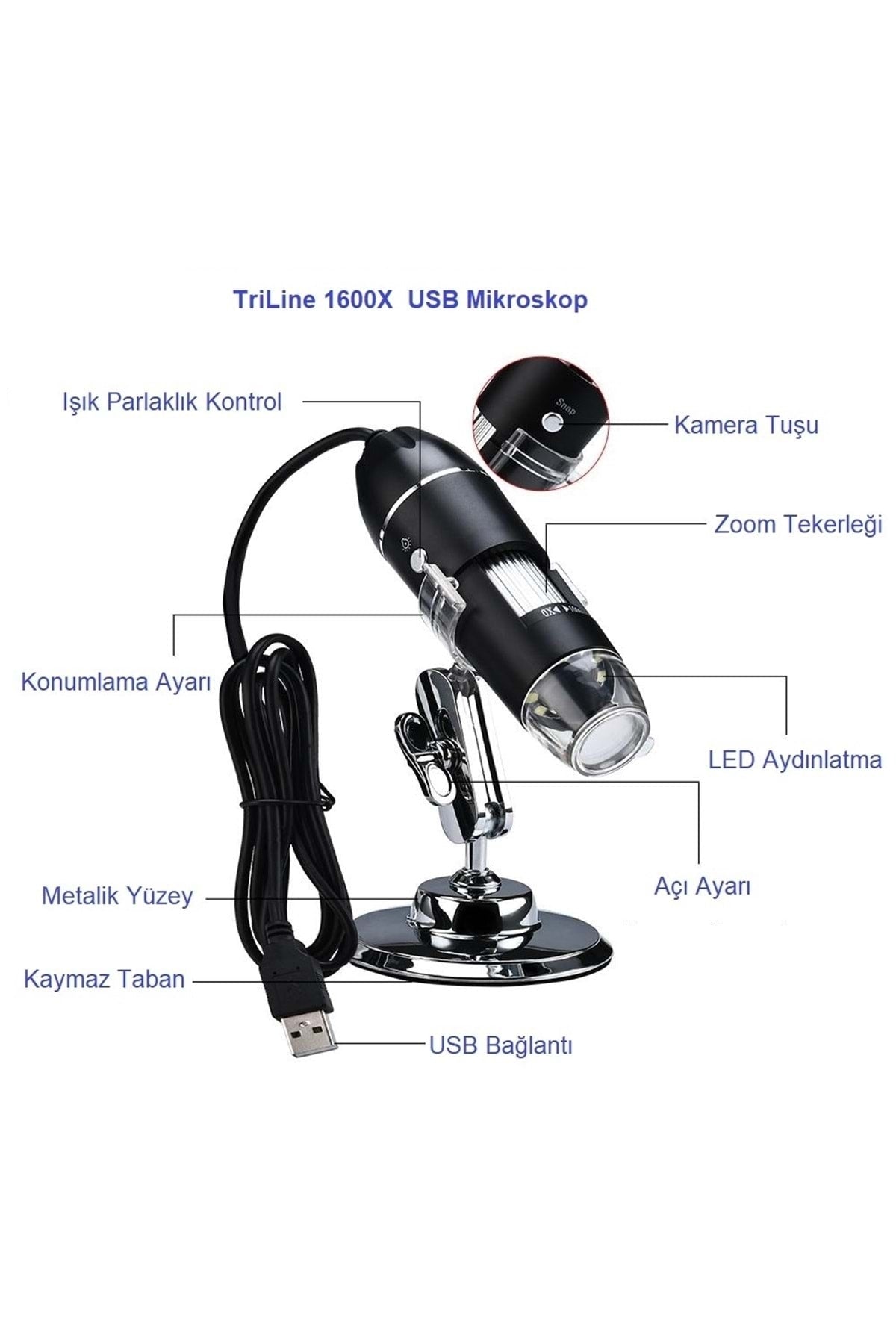 TriLine 1600x Zoom 2mp Usb Dijital Mikroskop 8 Ledli Kamera - Görsel 7