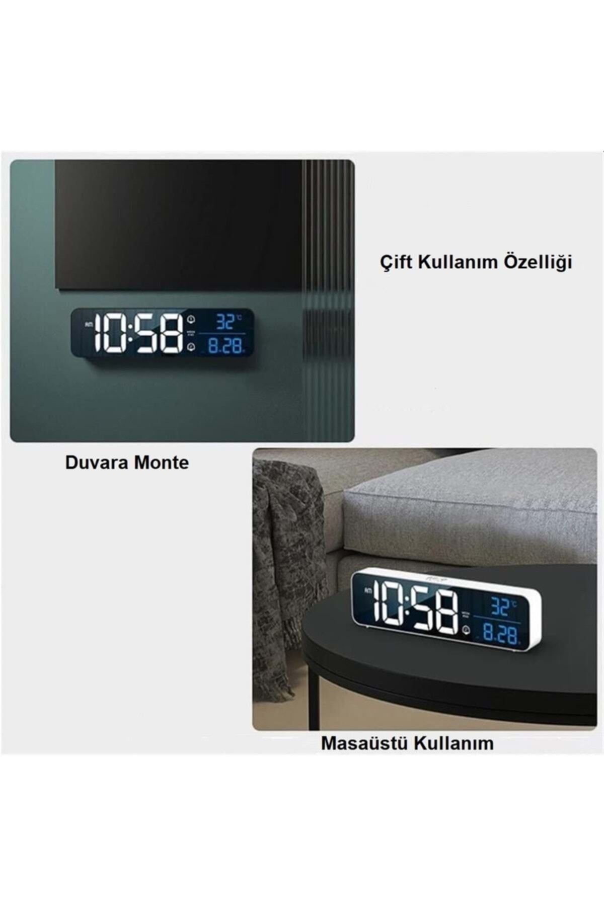 TriLine HD LED Ekranlı Aynalı Elektronik Saat Sıcaklık Tarih Dijital Masa Saati - Görsel 8